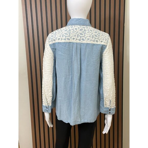 9-H15 STCL Anthropologie Women's 6 Blue Button-Up Chambray Shirt Postmark Boho - Picture 2 of 10